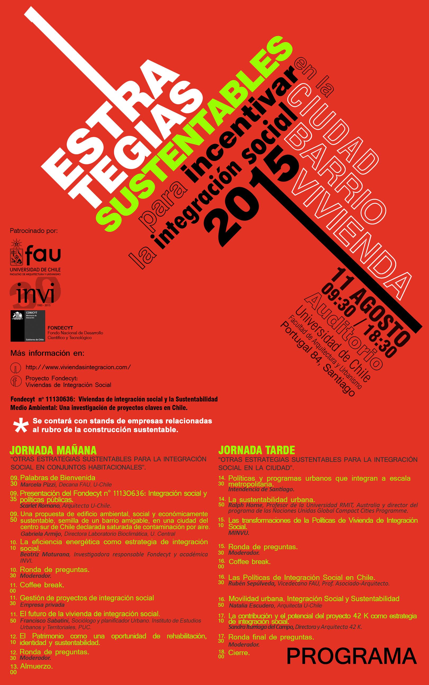 afiche de conferencia "Estrategias sustentables para incentivar la integración social en la ciudad, el barrio y la vivienda"