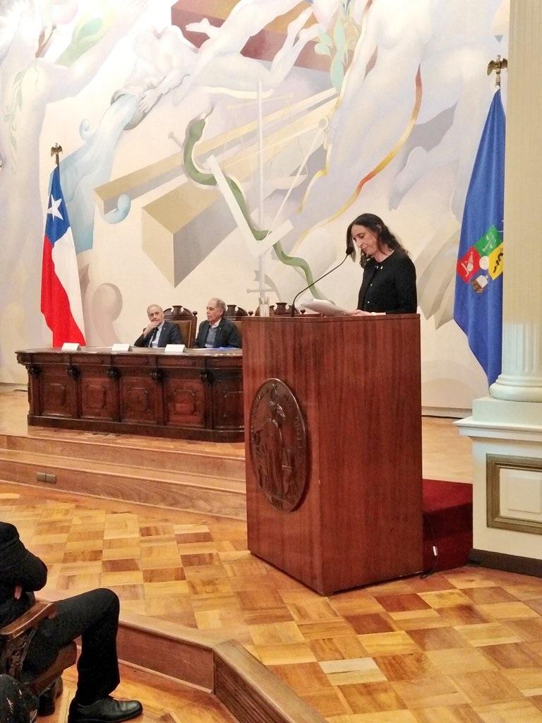 La Profesora Gabriela Muñoz, invitó a los profesionales a recordar sus años universitarios principalmente de la diversidad que coexiste en la U. de Chile y el consecuente respeto por la diferencia.